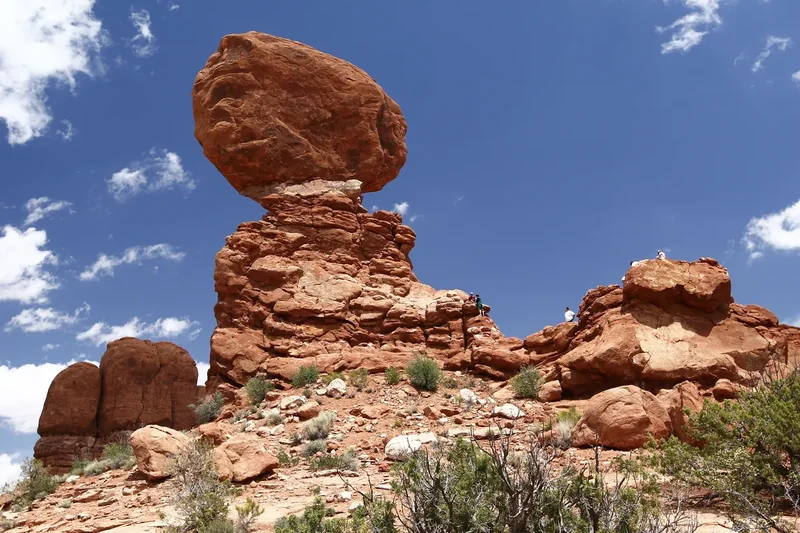 Balanced Rock on its thin pedestal in Arches National Park