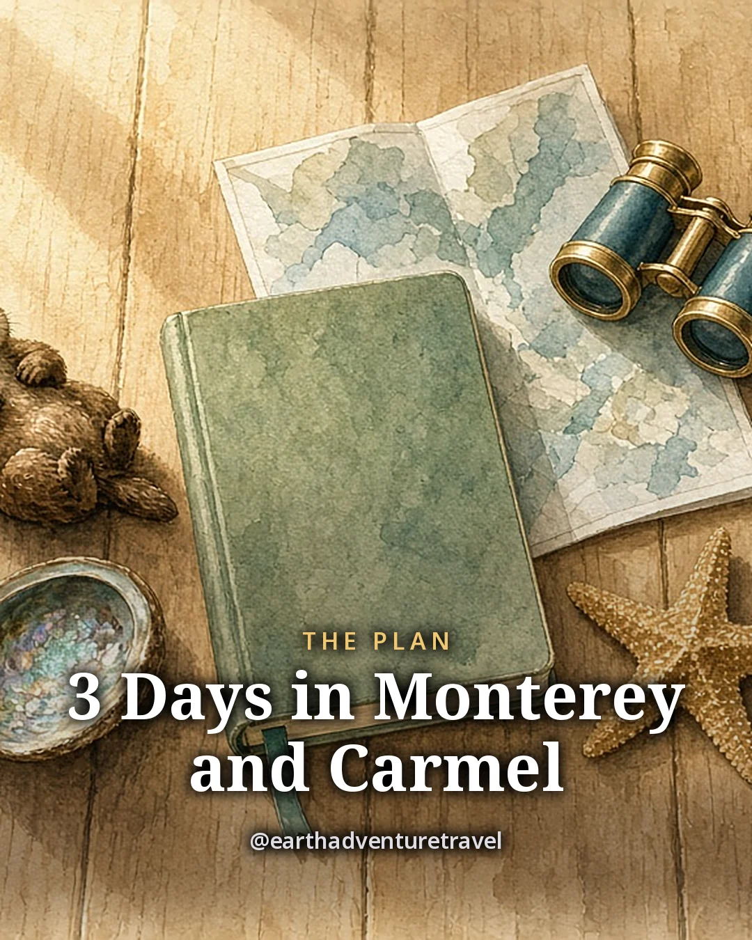 Illustration: a closed travel notebook, a folded blank map, small binoculars, a sea-otter plush, an abalone shell and a sprig of cypress on a sunny wooden table, original illustrated plan card