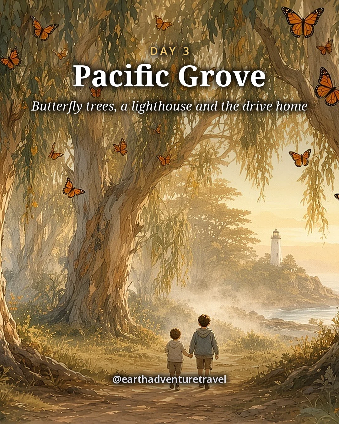 Illustration: a quiet grove of tall eucalyptus trees with clusters of orange monarch butterflies hanging from the branches and a small white lighthouse beyond, illustrated day card for Day 3