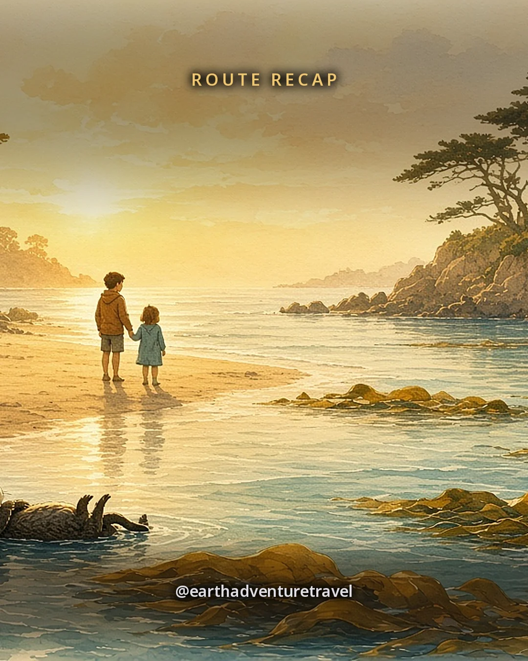 Illustration: Monterey Bay at golden hour with a calm curve of shoreline, kelp beds on the water, a sea otter floating on its back and cypress trees on the point, original illustrated recap card