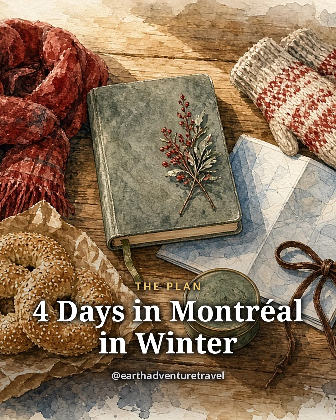 Illustration: a closed travel notebook, a folded blank map, a red wool scarf, two warm mittens, a paper bag of sesame bagels, a small tin of maple taffy and skate laces on a sunny wooden table, original illustrated plan card