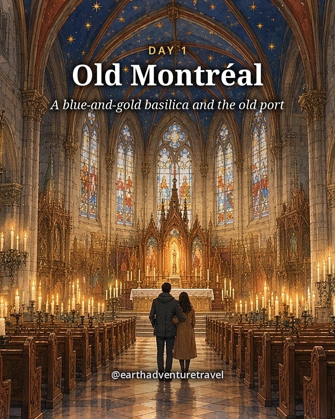 Illustration: a Gothic Revival basilica interior of deep blue vaulted ceilings with gold stars, carved wood and glowing candlelight, illustrated day card for Day 1