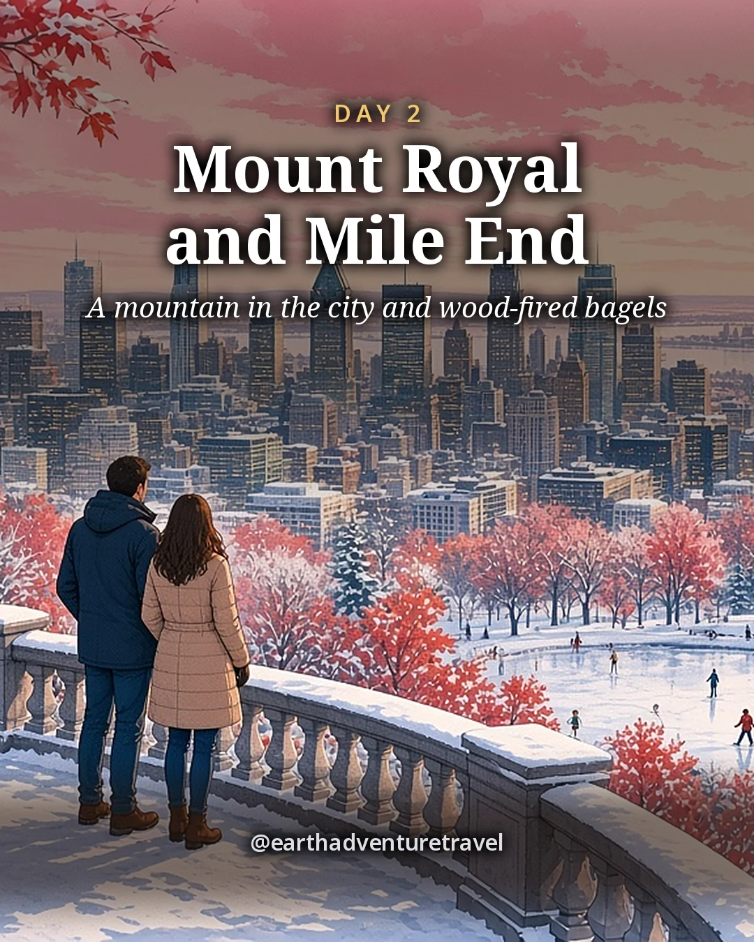 Illustration: a snowy stone terrace on a wooded mountain top overlooking a winter city skyline and a wide river, with a frozen pond and tiny skaters below the trees, illustrated day card for Day 2