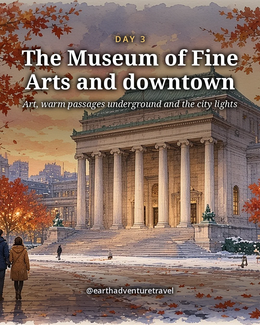Illustration: a classical museum of white marble columns on a snowy city avenue at dusk with bare trees strung with lights, illustrated day card for Day 3