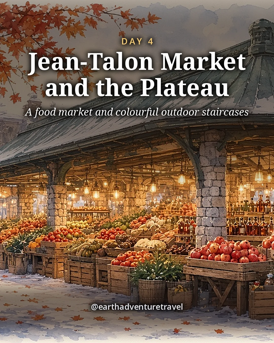 Illustration: a big open-air market hall under a long canopy with crates of apples, squash, maple products and evergreen boughs, snow on the street beyond, illustrated day card for Day 4