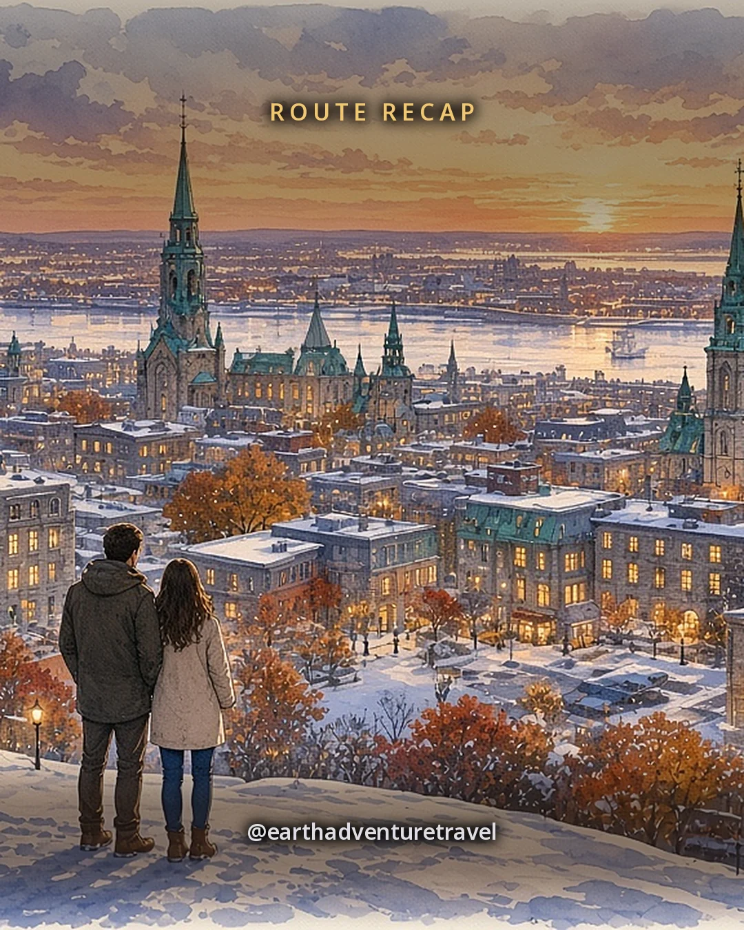 Illustration: Montréal at dusk in winter seen from a snowy hilltop, city towers, church spires and the wide frozen-edged river beyond with warm lit windows, original illustrated recap card