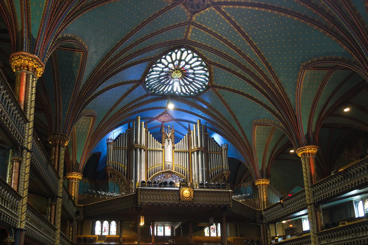 The blue and gold interior of Notre-Dame Basilica in Montréal