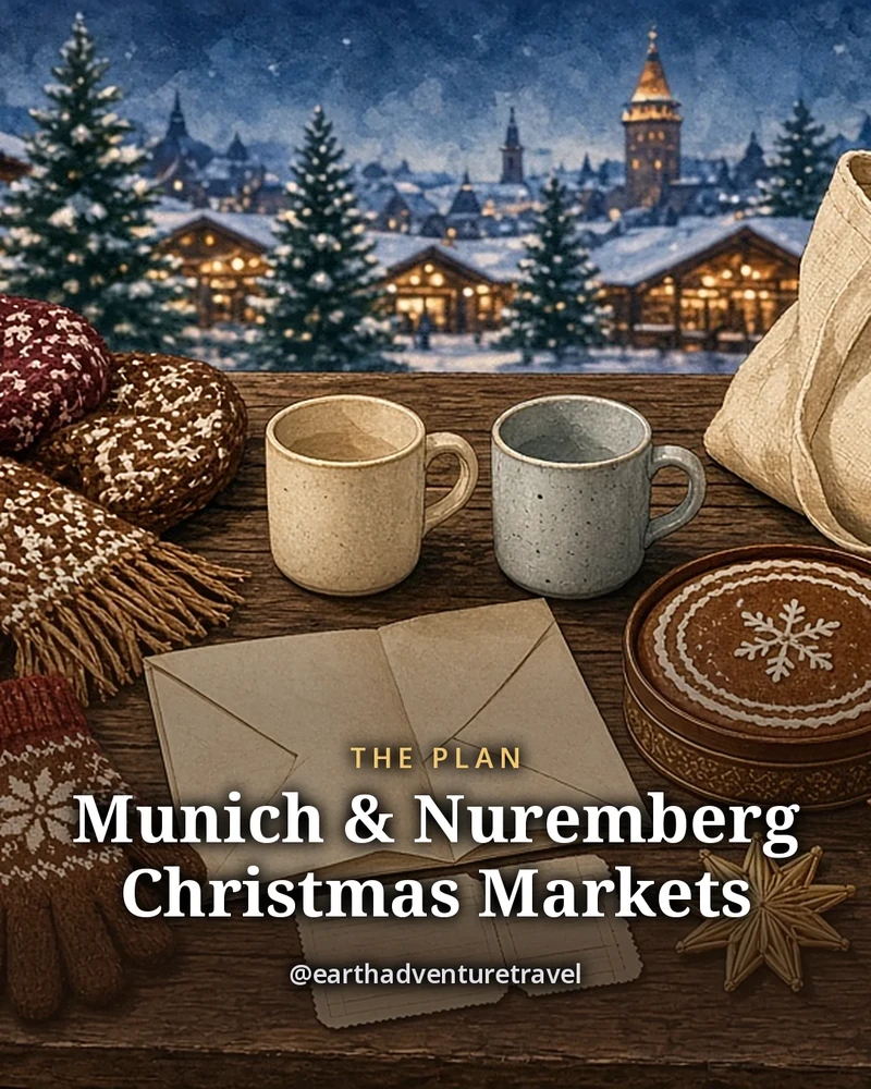 Illustration: a couple’s Christmas-market kit on a dark wooden market-stall counter, two knitted scarves and pairs of gloves, two plain ceramic mugs, a folded rail map, two blank train tickets, a round Lebkuchen in a tin, a straw star and a red paper star, original illustrated plan card for 5 days in Munich and Nuremberg