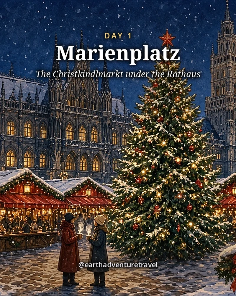 Illustration: the Munich Christkindlmarkt on Marienplatz in the early evening, a tall lit Christmas tree, wooden stalls with warm lamps and the Gothic arches and clock tower of the Neues Rathaus behind, a tiny couple with two steaming mugs at the foot of the tree, illustrated day card for Day 1