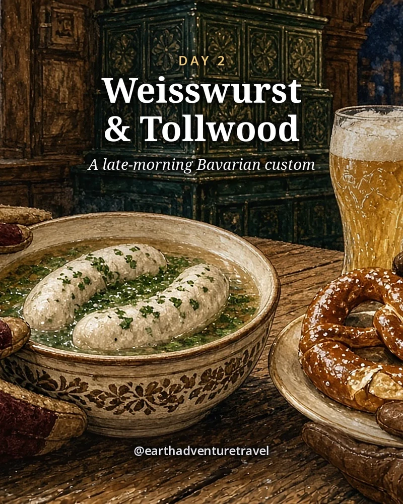 Illustration: two pairs of gloved hands sharing white Weisswurst sausages in a small tureen, a big soft pretzel and sweet mustard on a scrubbed wooden tavern table, two tall wheat beers and a green tiled stove behind, illustrated day card for Day 2