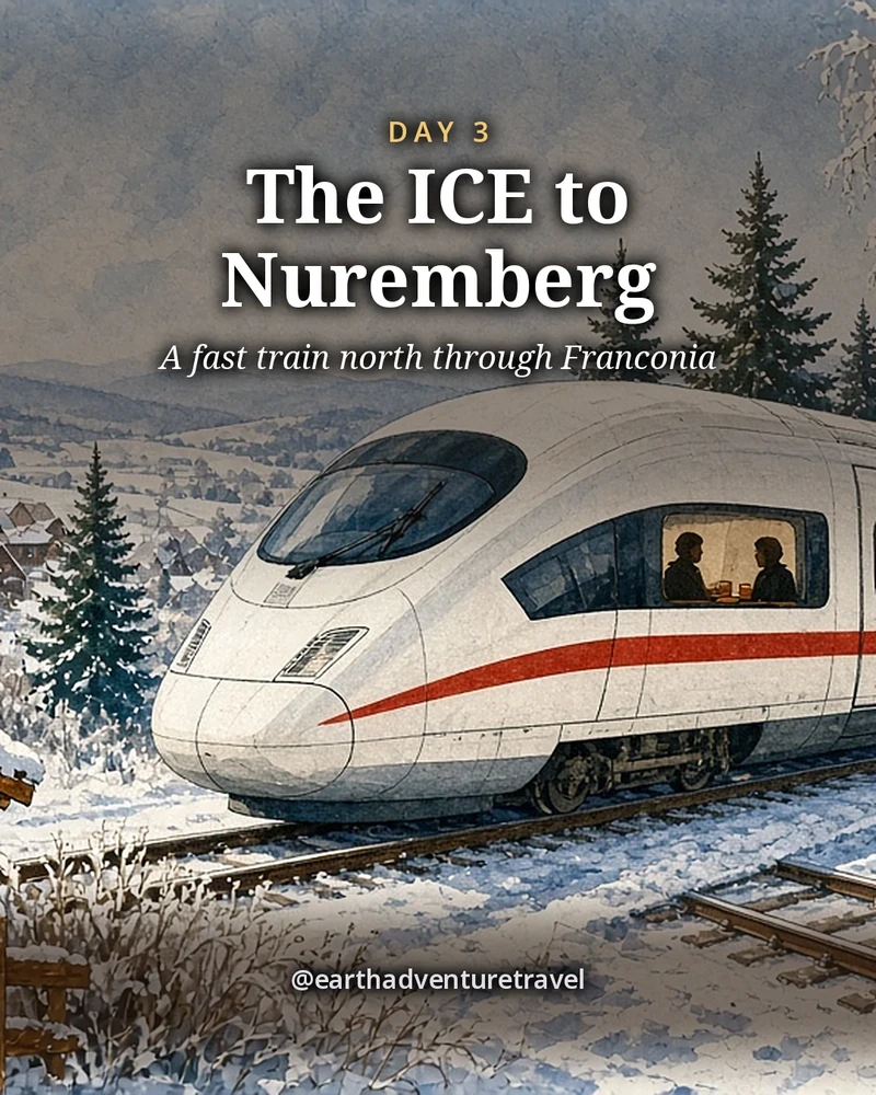 Illustration: a sleek white high-speed train with a red stripe gliding through snowy Franconian fields in late morning, bare birches, a village church spire and red-roofed farmhouses beyond, two tiny travellers in silhouette at a window, illustrated day card for Day 3