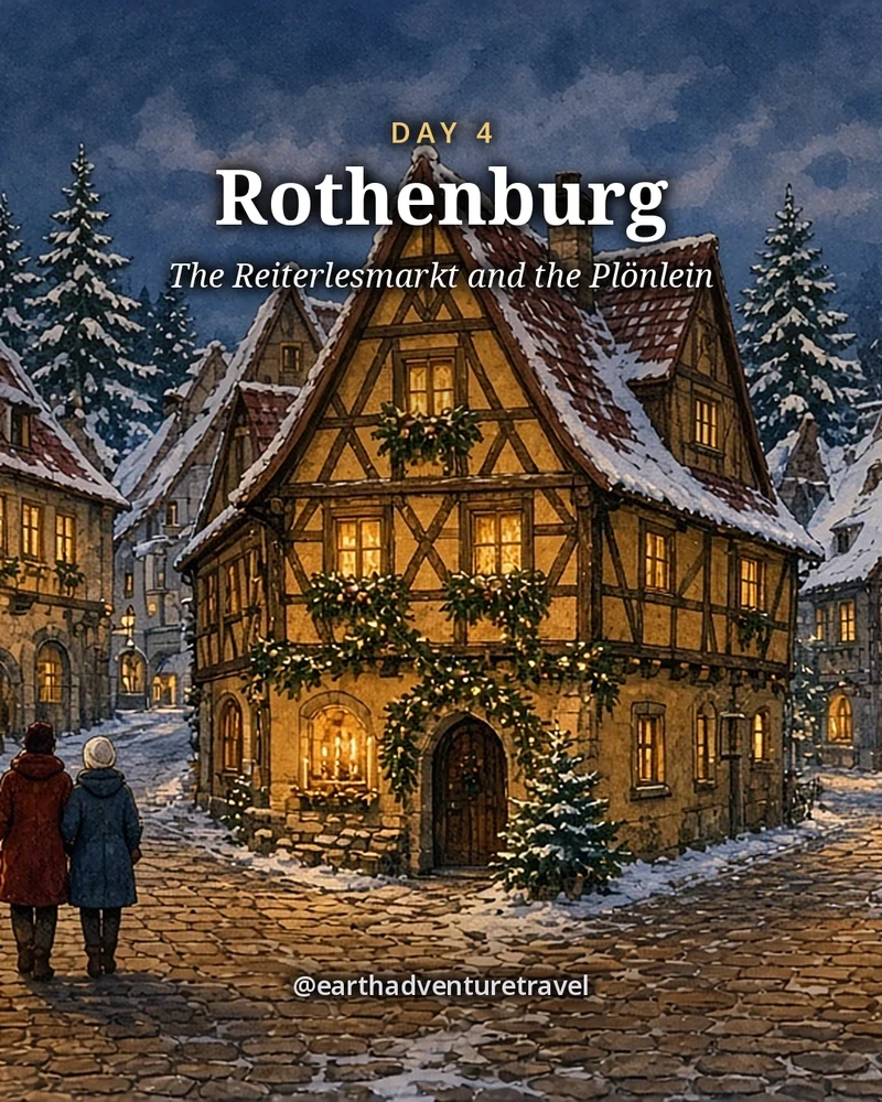 Illustration: the Plönlein corner in Rothenburg ob der Tauber at Christmas, a cobbled lane forking around a small yellow half-timbered house between two stone gate towers, snow on red roofs and candle arches in the windows, a tiny couple walking up the lane with a paper bag of pastries, illustrated day card for Day 4