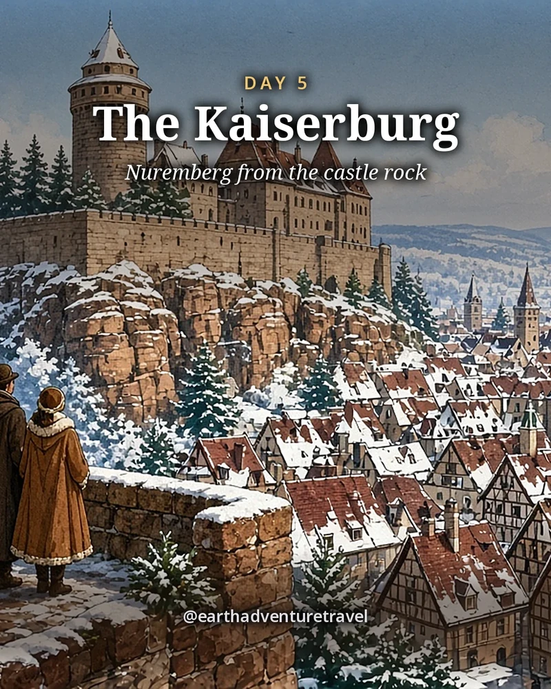 Illustration: the Imperial Castle of Nuremberg on its sandstone rock on a clear winter morning, the round Sinwell tower and long walls above a sea of snowy red-tiled roofs and church towers, a tiny couple at a stone parapet, illustrated day card for Day 5