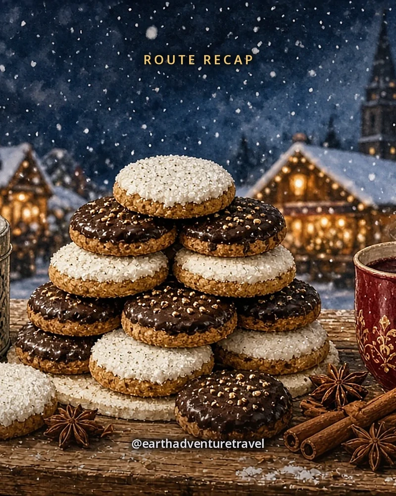 Illustration: round Nuremberg Lebkuchen on wafer bases, some sugar-glazed and some chocolate, stacked on a wooden stall counter beside a tin, two steaming mugs of mulled wine, cinnamon sticks and star anise, lamp-lit stalls and falling snow behind, original illustrated recap card