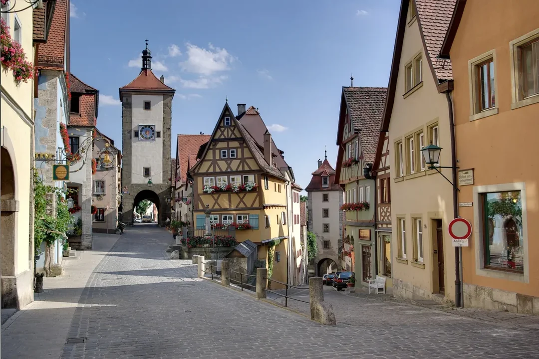 Half-timbered houses and towers in the walled old town of Rothenburg ob der Tauber