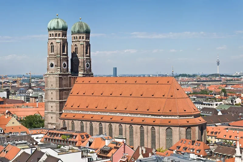 The twin towers of the Frauenkirche in Munich seen from the tower of St. Peter’s