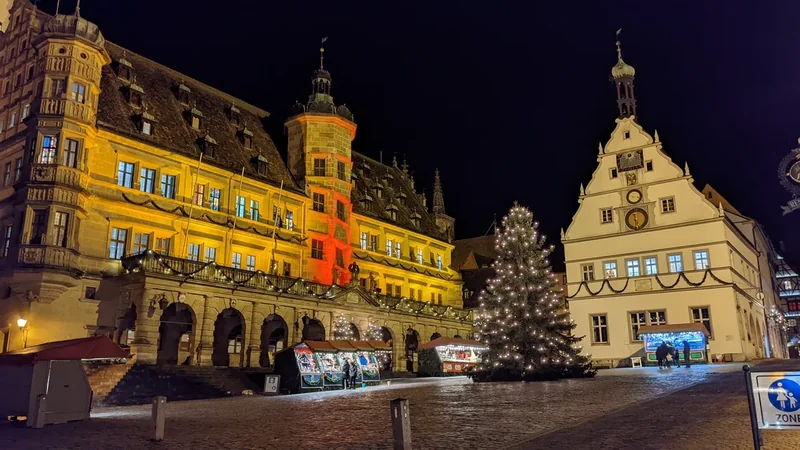 The Marktplatz of Rothenburg ob der Tauber lit up in the evening