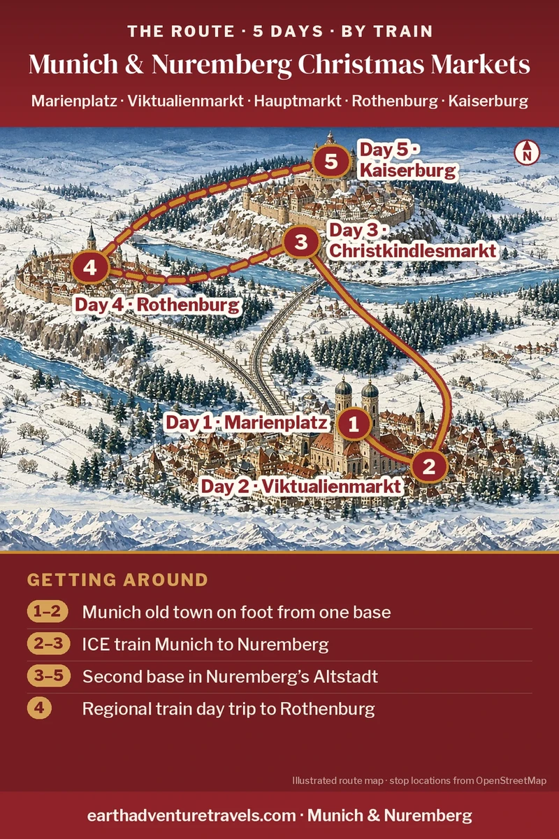 Illustration: route map of the five days, a bird’s-eye view of Bavaria and Franconia in winter with numbered pins in Munich (Days 1 and 2), along the rail line north to Nuremberg (Day 3), at walled Rothenburg ob der Tauber to the west (Day 4) and at Nuremberg’s castle (Day 5)