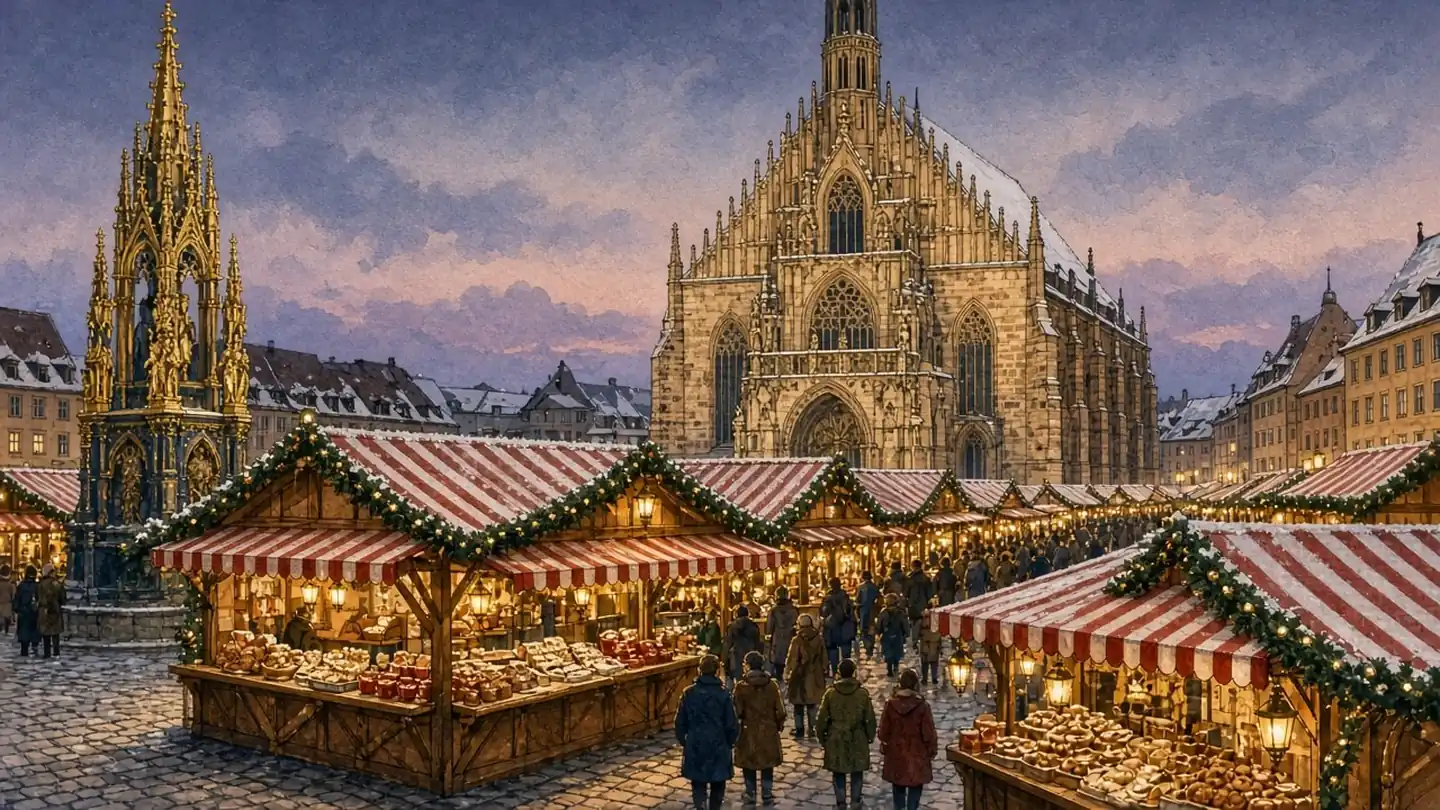 Illustration: Nuremberg’s Hauptmarkt at dusk: striped stall roofs below the Frauenkirche (illustration).