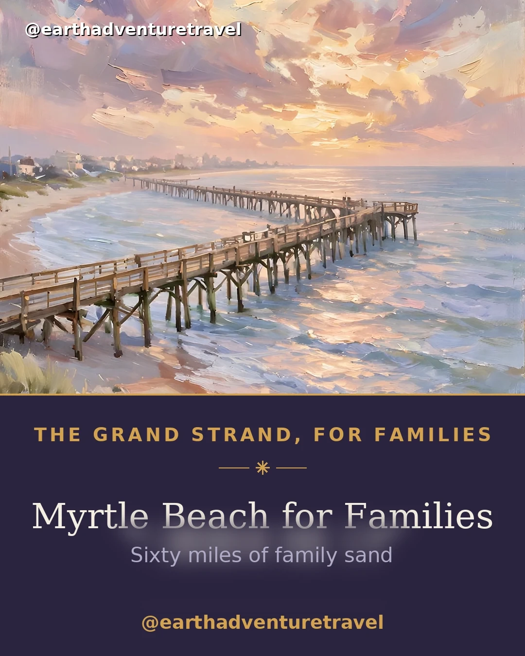 Illustrated Myrtle Beach family guide cover: the SkyWheel at golden hour over the boardwalk, beach umbrellas, and a fishing pier