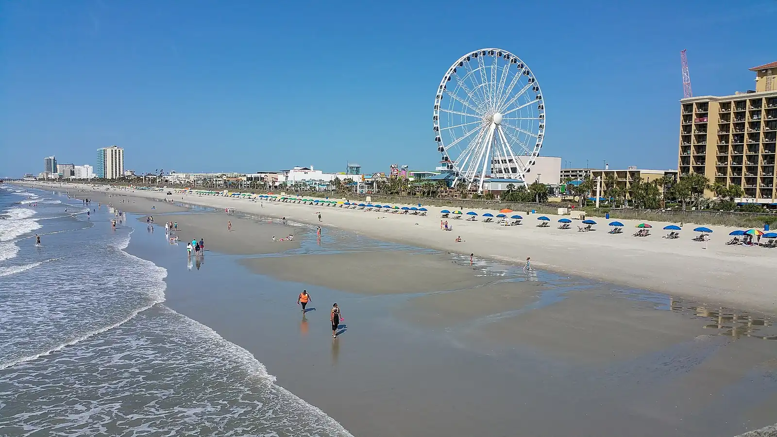 The Myrtle Beach shoreline: wide sand, beach umbrellas, and the SkyWheel rising over the hotels