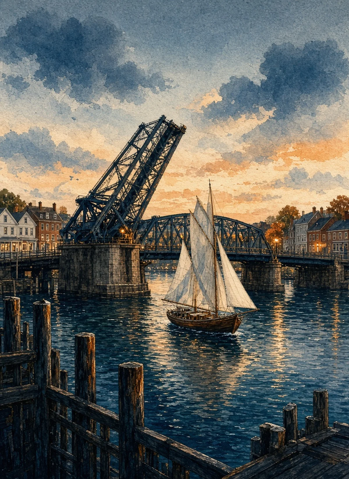 Original Illustration: the raised Mystic River drawbridge with a sailboat passing through at golden hour