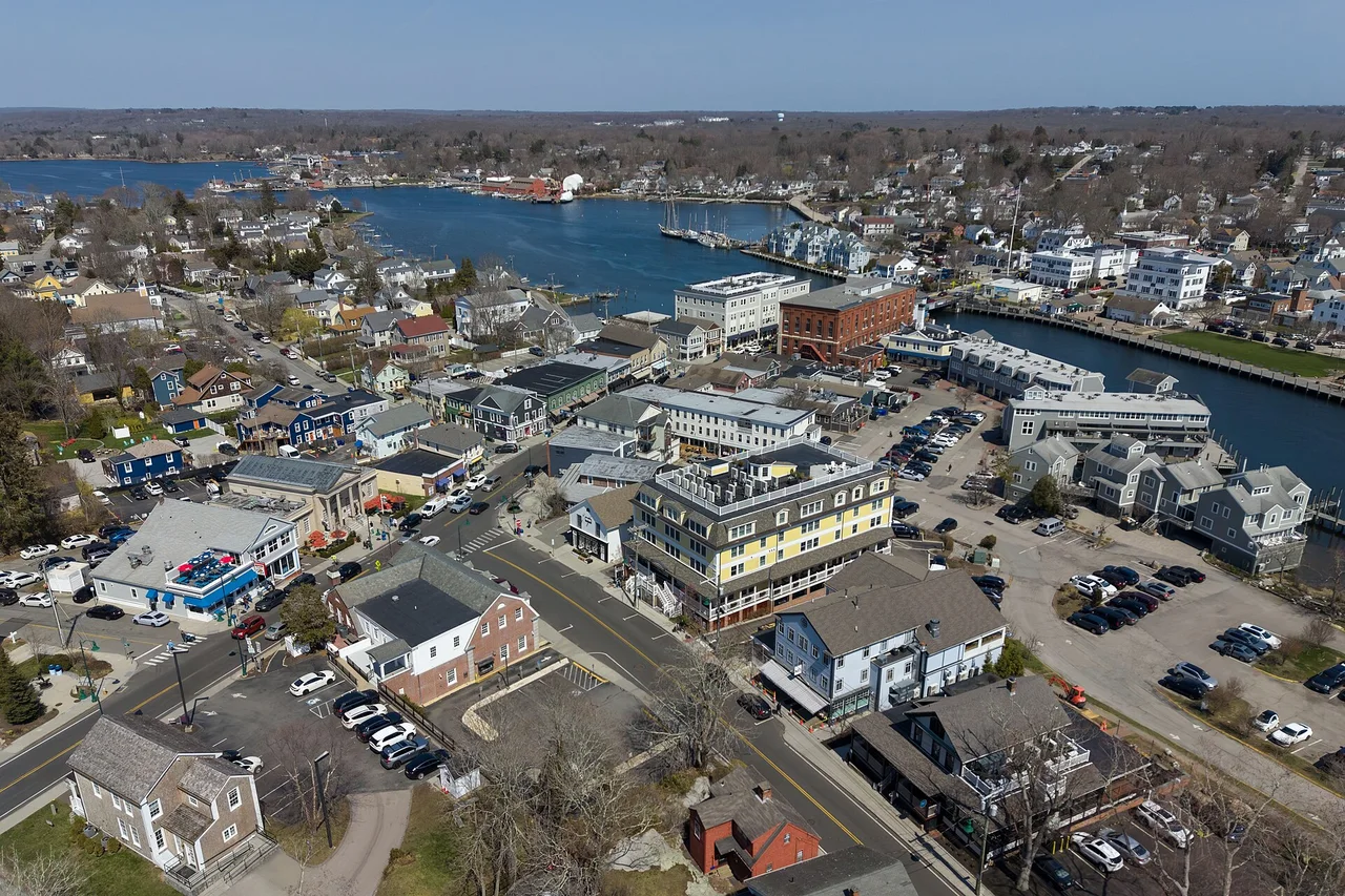 Aerial view of Mystic, Connecticut and the Mystic River