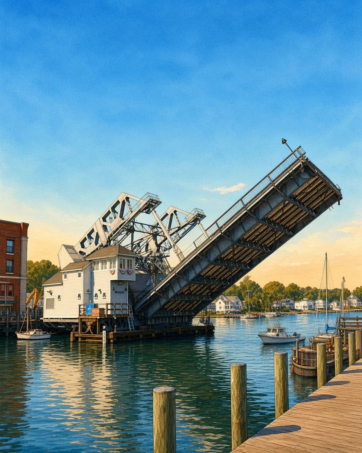 Illustrated day card: Ships, the river and a downtown evening