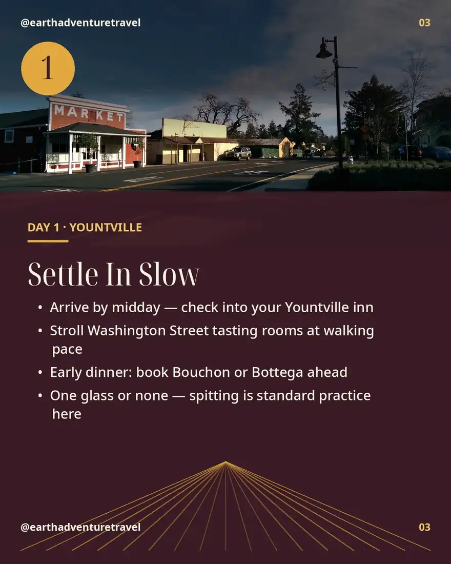 Day 1 itinerary card: settle into Yountville