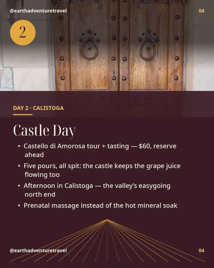 Day 2 itinerary card: Castello di Amorosa