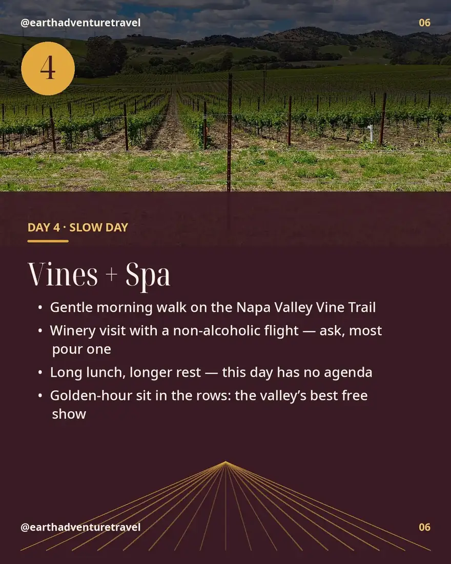 Day 4 itinerary card: slow vines and spa
