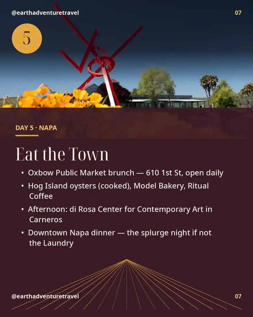 Day 5 itinerary card: Oxbow Market and Napa