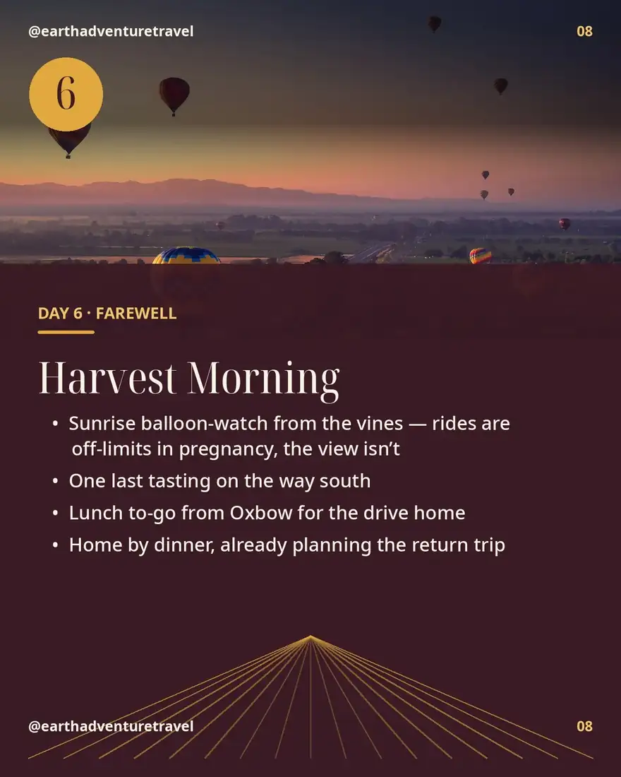 Day 6 itinerary card: farewell harvest morning
