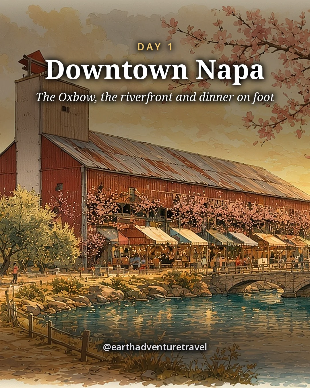 Illustration: a couple walking a riverside path toward a long red barn-style market hall with striped awnings and a stone footbridge over the river, illustrated day card for Day 1