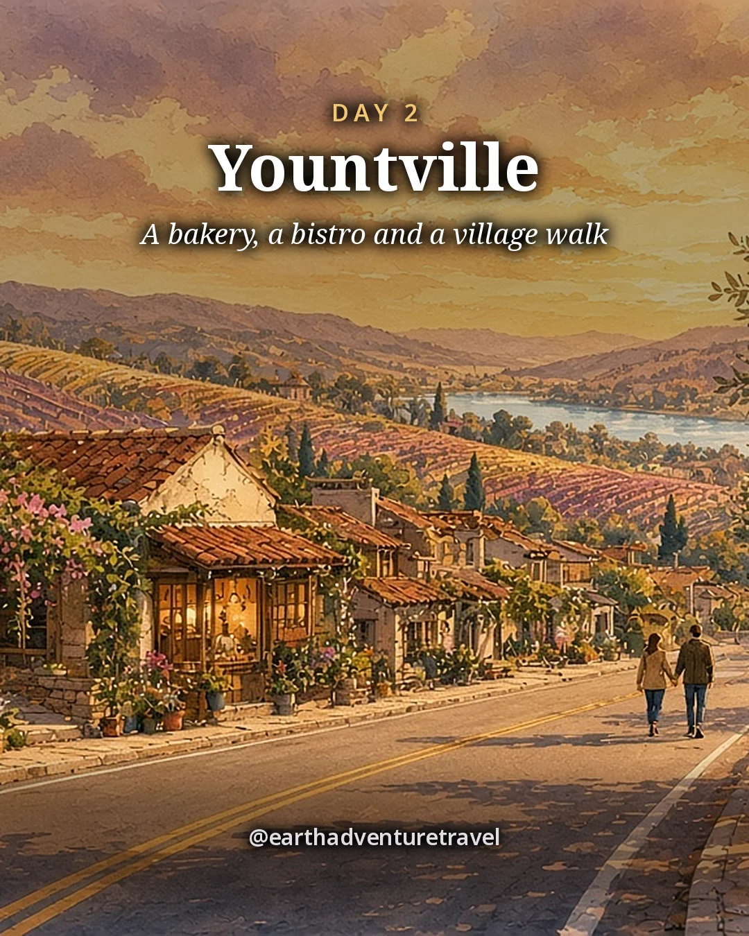 Illustration: a couple walking along a village road lined with low flower-covered cottages, olive trees and vineyards on the hills beyond, illustrated day card for Day 2
