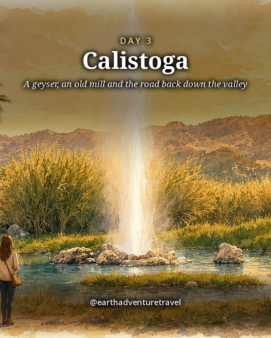 Illustration: a couple watching a tall white geyser shoot up from a pond among reeds and a palm tree, with hills behind at sunset, illustrated day card for Day 3