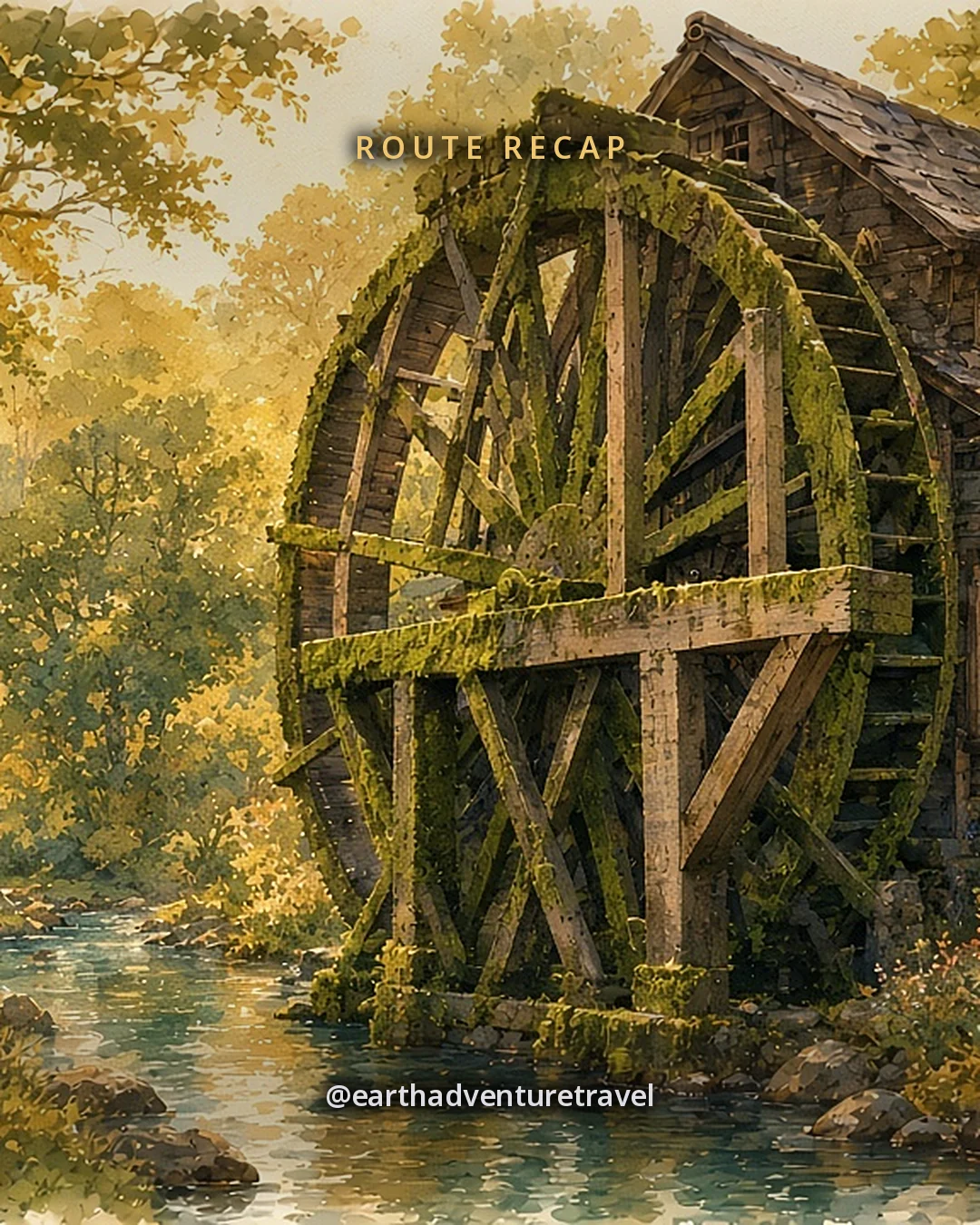 Illustration: a couple walking a creekside path under oak trees toward a large old wooden water wheel beside a mill building, original illustrated recap card