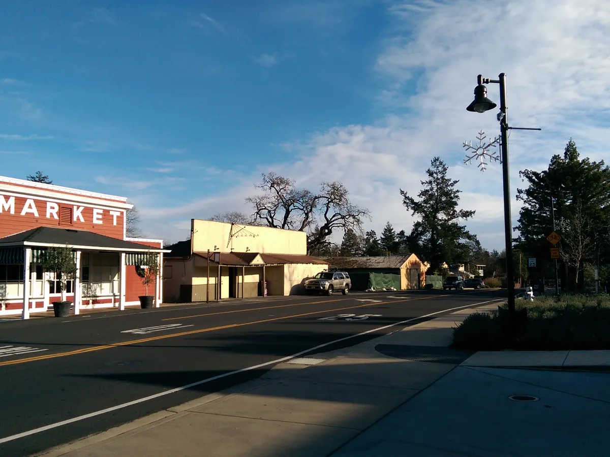 Shops and trees along Washington Street in downtown Yountville