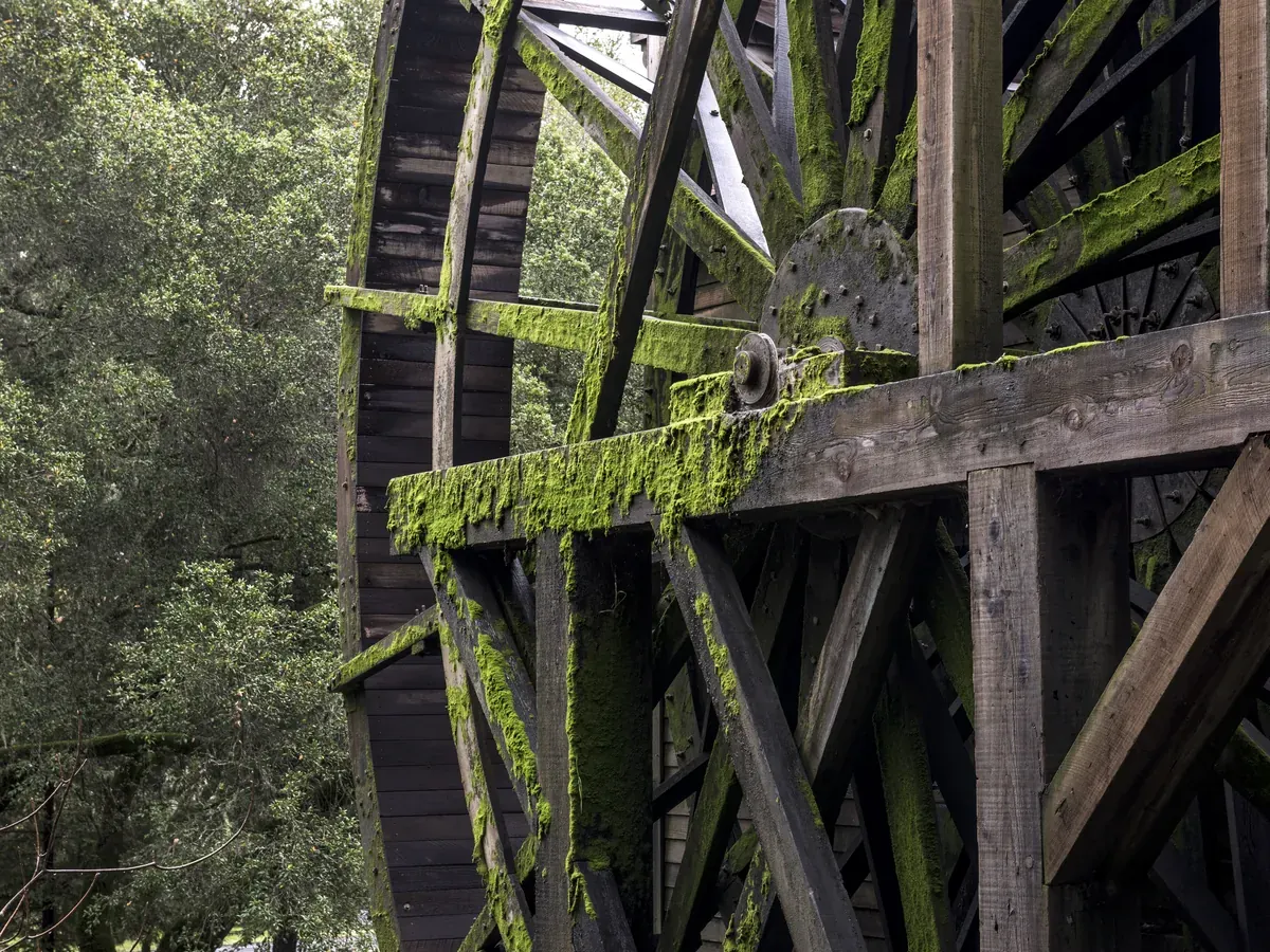 The large wooden water wheel of the Bale Grist Mill among trees