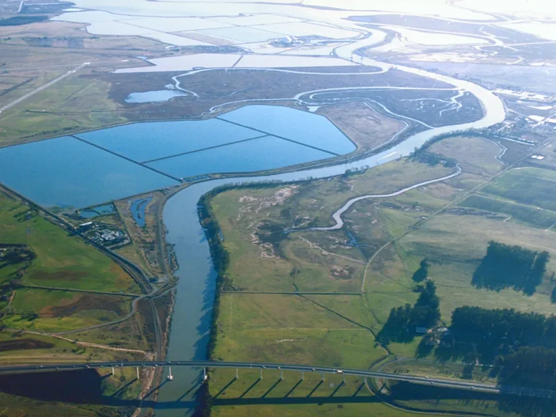 The Napa River winding through green marshland seen from above