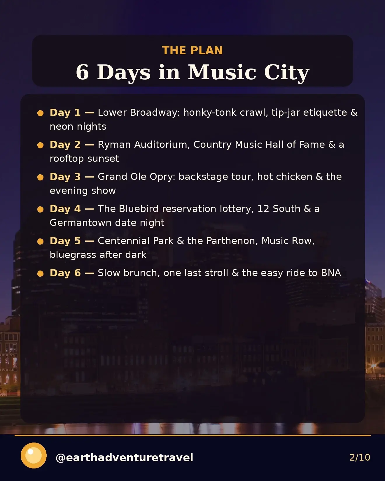 Nashville trip-plan graphic: the six-day Music City route at a glance