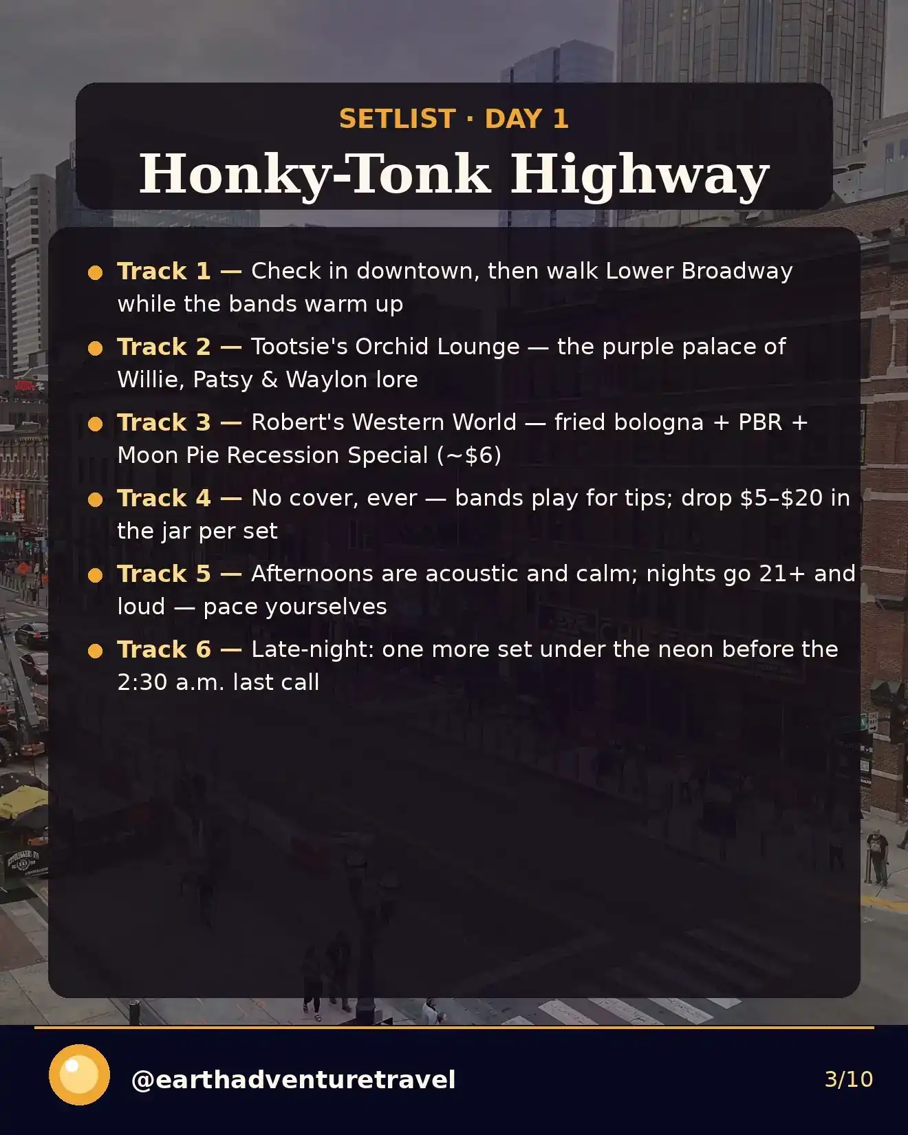 Day 1 itinerary card: Lower Broadway honky-tonk crawl