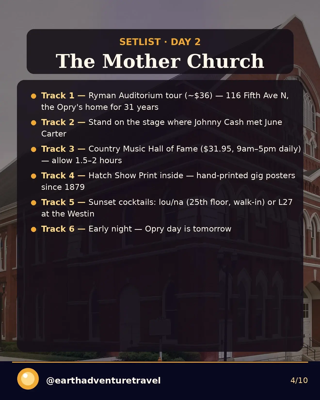 Day 2 itinerary card: Ryman Auditorium and Country Music Hall of Fame