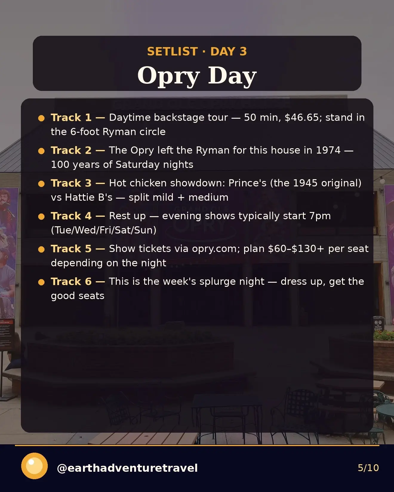 Day 3 itinerary card: Grand Ole Opry backstage tour and evening show