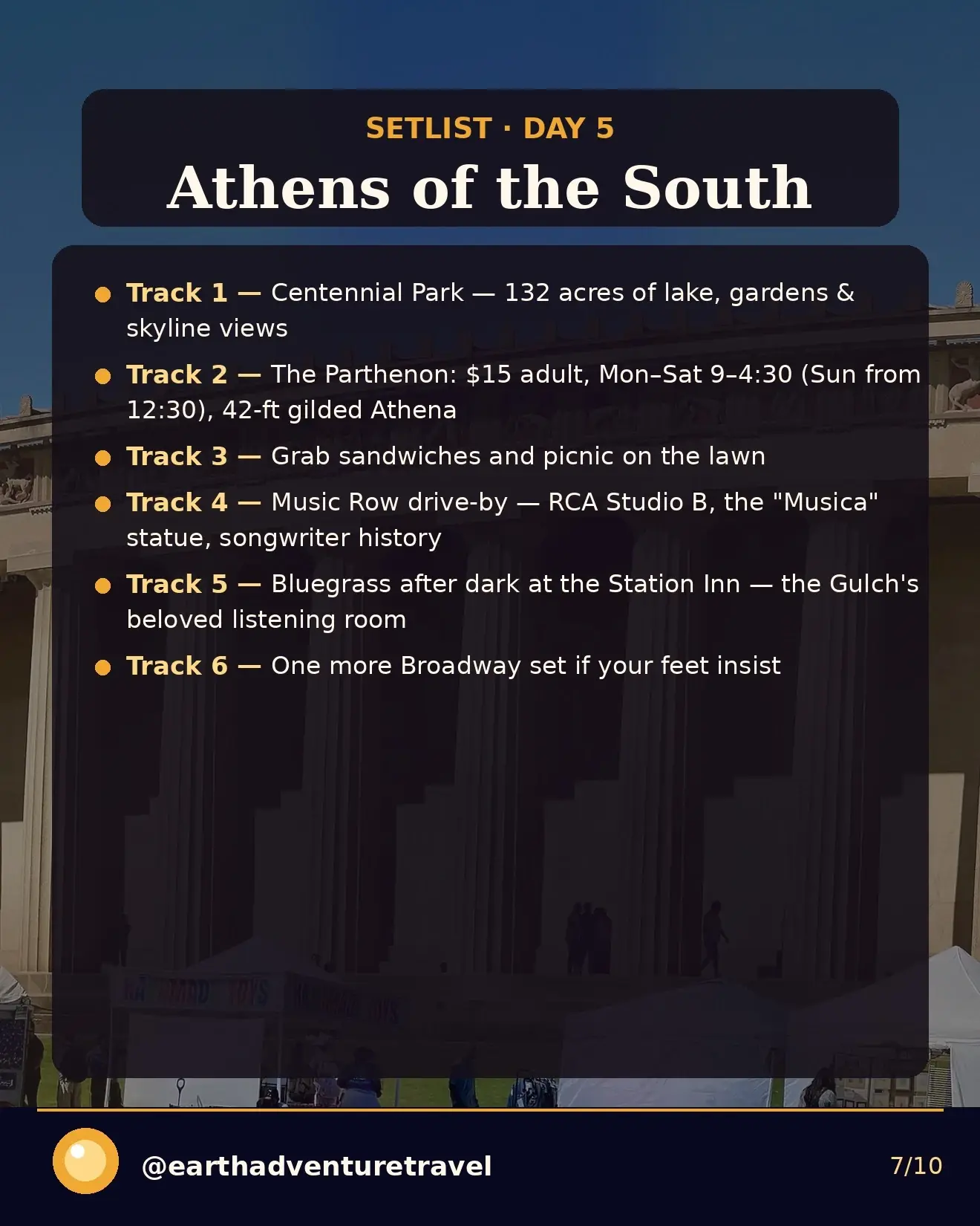 Day 5 itinerary card: Centennial Park, the Parthenon, and Music Row