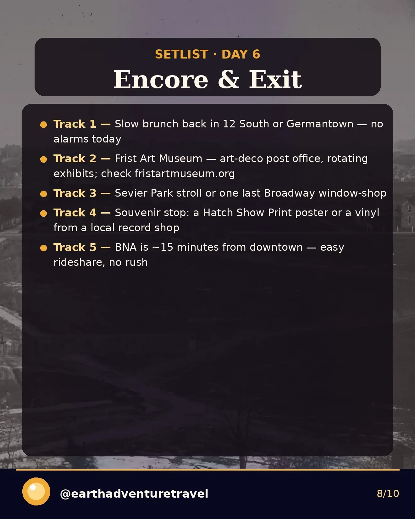 Day 6 itinerary card: slow brunch and departure
