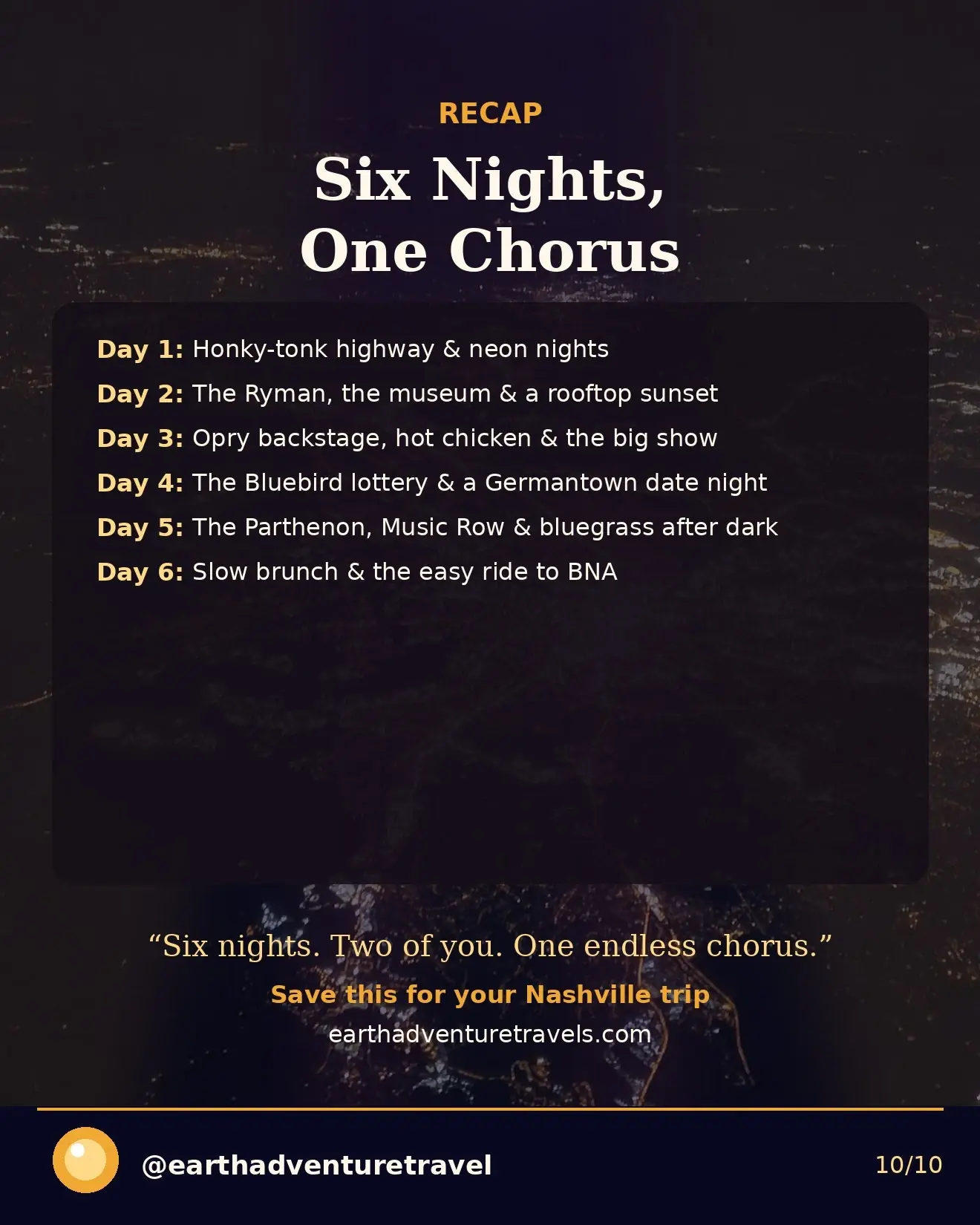 Nashville trip recap graphic: six nights, one chorus — the day-by-day plan