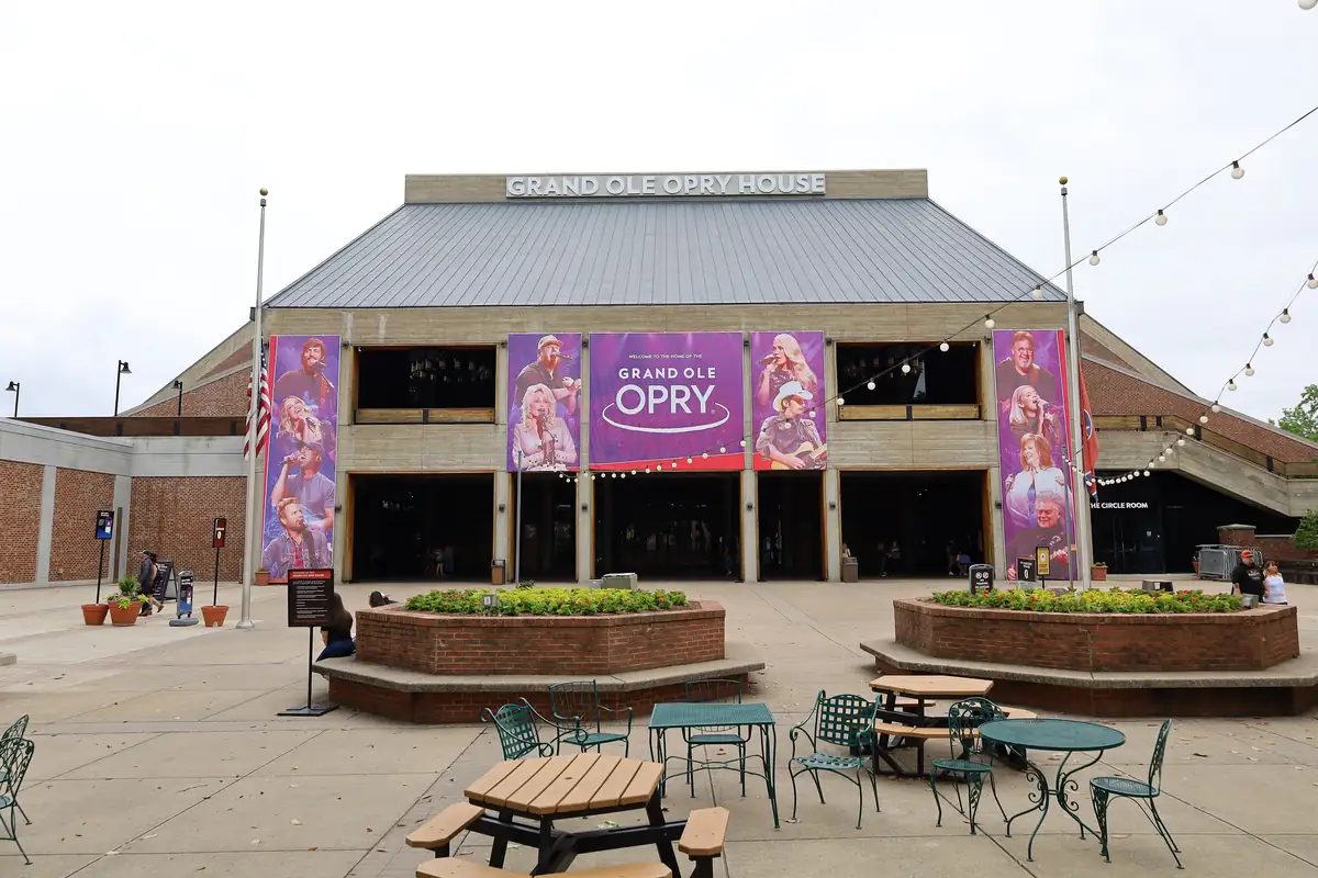 The Grand Ole Opry House entrance with show banners