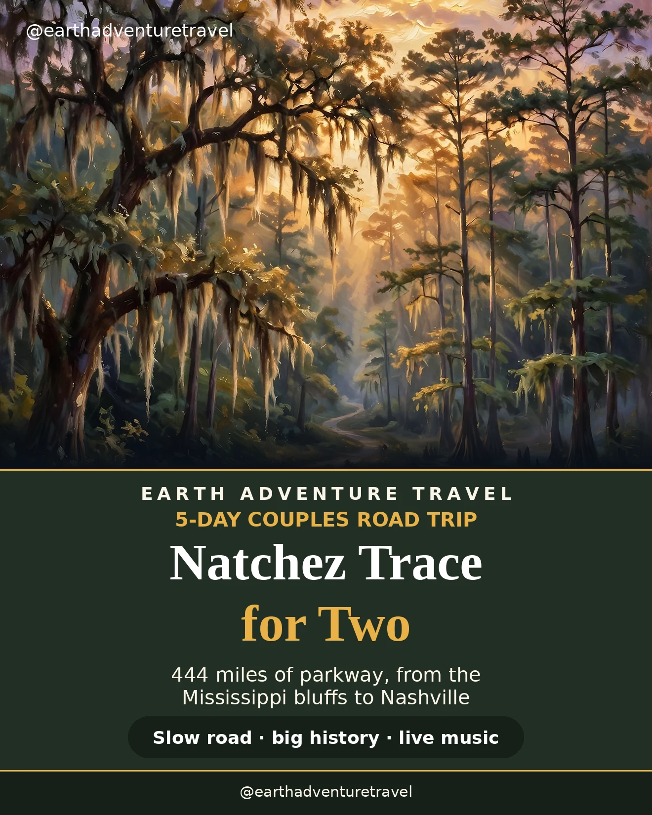 Illustrated Natchez Trace couples guide cover: cypress swamp at golden hour on the parkway
