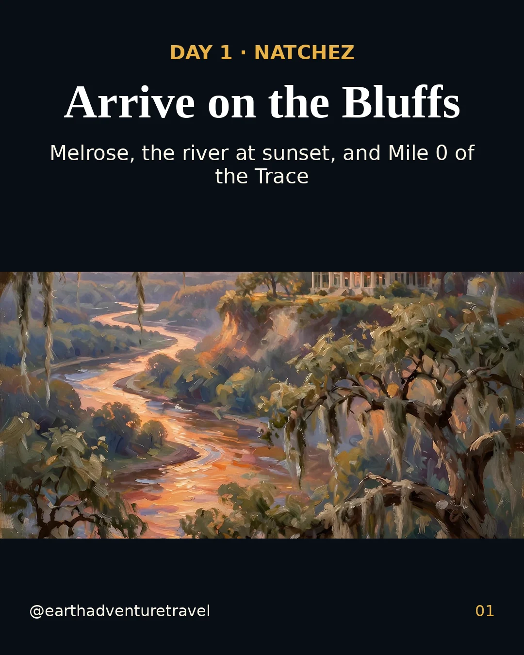 Day 1 graphic: the Natchez bluffs above the Mississippi at golden hour